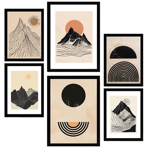 Set Di 6 Stampe Dipinto Decorativo Con Montagne Geometriche, Tonalità Vintage Marrone, Nero E Terra, Incorniciato Con Illustrazioni A3 & A4 Cornice Nera - Foto 1