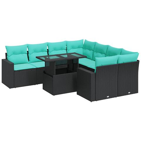 Set Divani da Giardino 9 pz con Cuscini Nero Polyrattan Acacia - Foto 1