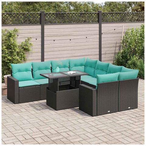 Set Divani da Giardino 9 pz con Cuscini Nero Polyrattan Acacia - Foto 2
