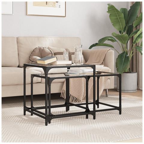 Tavolini Impilabili 2pz Con Piano Vetro Trasparente In Acciaio - Foto 1