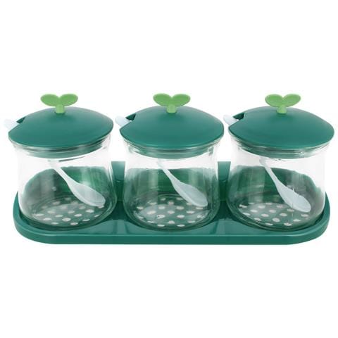 Set 3 Barattoli Per Spezie In Vetro Con Coperchi E Base In Plastica, Verde - Foto 1