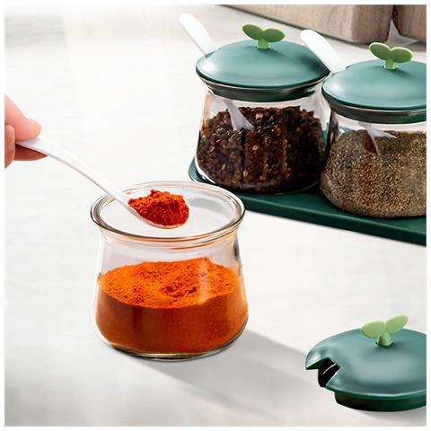 Set 3 Barattoli Per Spezie In Vetro Con Coperchi E Base In Plastica, Verde - Foto 2
