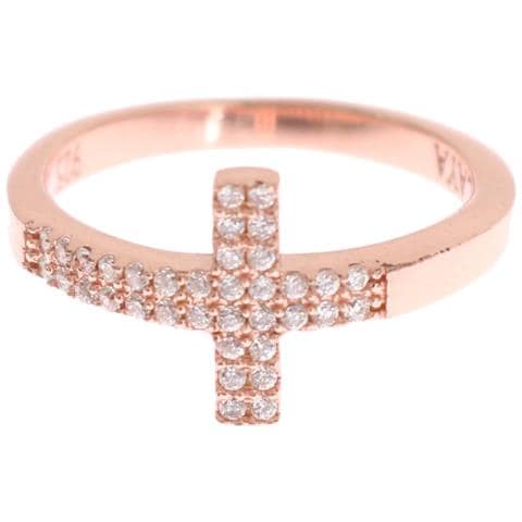 Anello Da Donna Con Croce Cz In Oro Rosa E Argento 925 - Eu49 - Us5 - Foto 1