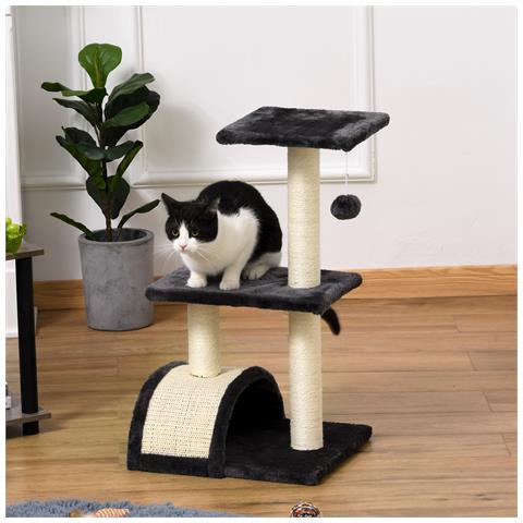 Albero per Gatti a 3 Livelli con Tappetino Tiragraffi ad Arco, in Legno, Peluche e Sisal, 40x35x72 cm, Grigio - Foto 2