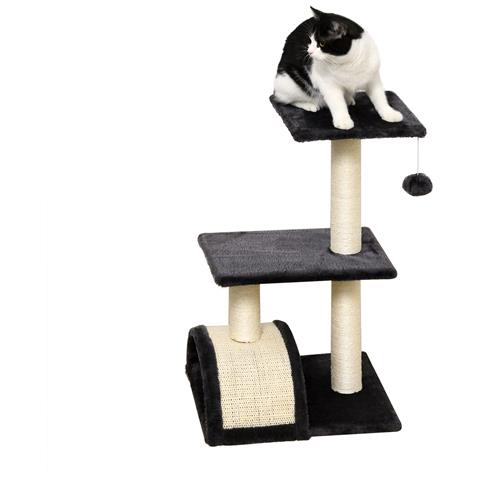 Albero per Gatti a 3 Livelli con Tappetino Tiragraffi ad Arco, in Legno, Peluche e Sisal, 40x35x72 cm, Grigio - Foto 1