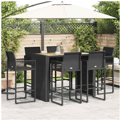 Set Bar Da Giardino 7pz Senza Cuscini Nero In Polyrattan Acacia - Foto 3