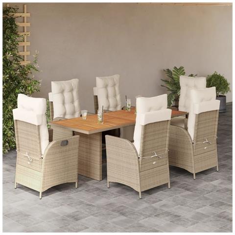 Set Da Pranzo Da Giardino 7 Pz Con Cuscini Beige In Polyrattan - Foto 1
