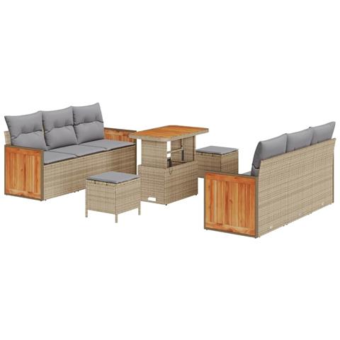 Set di Divani da Giardino  da 9 Pezzi con Cuscini in Rattan Beige e Acacia, Divano da Giardino a 2 Posti  con Cuscini in Rattan Beige, Set di Pranzo da Giardino a 3 Pezzi con Cuscini in Rattan Beige e Acacia - Foto 1