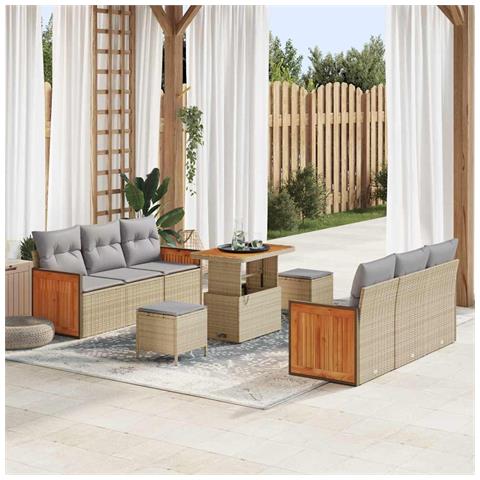 Set di Divani da Giardino  da 9 Pezzi con Cuscini in Rattan Beige e Acacia, Divano da Giardino a 2 Posti  con Cuscini in Rattan Beige, Set di Pranzo da Giardino a 3 Pezzi con Cuscini in Rattan Beige e Acacia - Foto 2