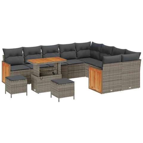 Set Divano da Giardino da 12 Pezzi con Cuscini Grigio Rattan Poliacacia,  Set da Pranzo da Giardino da 3 Pezzi con Cuscini Grigio Rattan Poliacacia,  Divano da Giardino da Due Persone con Cuscini Grigio Rattan Poliacacia - Foto 1