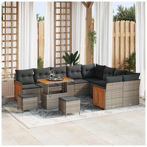 Set Divano da Giardino da 12 Pezzi con Cuscini Grigio Rattan Poliacacia,  Set da Pranzo da Giardino da 3 Pezzi con Cuscini Grigio Rattan Poliacacia,  Divano da Giardino da Due Persone con Cuscini Grigio Rattan Poliacacia - Foto 2