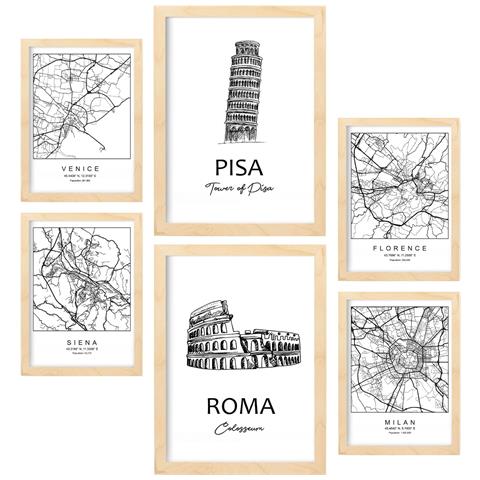 Set Di 6 Stampe Stampe Di Mappe E Monumenti Italiani In Bianco E Nero Per La Progettazione D'interni Della Tua Casa E Della Tua Attività A3 & A4 Telaio In Legno Chiaro - Foto 1