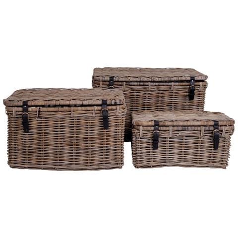 Set 3 Bauli Portaoggetti Depok In Rattan Kubu Grigio Con Manici In Pelle - Foto 1