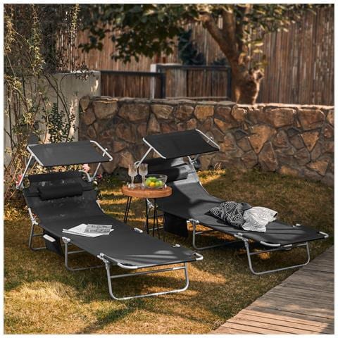 2 X Lettino Prendisole Pieghevole Cuscino E Tettuccio Regolabile 4 Angoli Di Reclinazione Con Organizer Nero, Ogs48-schx2 - Foto 8