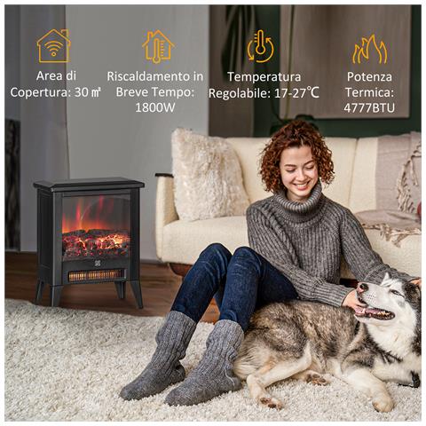 Caminetto Elettrico da 1800W con Effetto Fiamma a 3 Intensità, in Metallo e Vetro, 36x21x47 cm, Nero - Foto 2