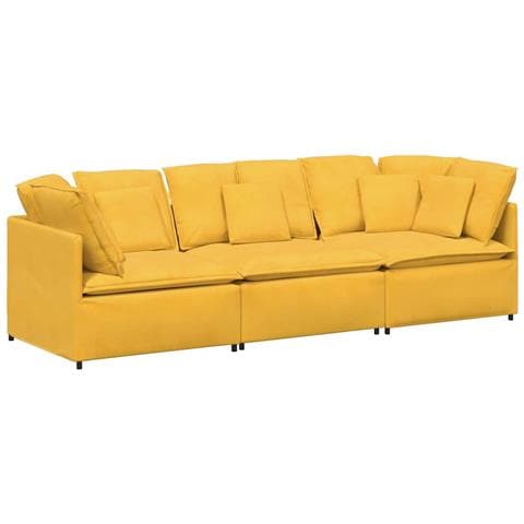 Divano Modulare con Cuscini in Tessuto a Coste Giallo Chiaro - Foto 1