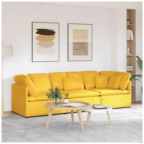 Divano Modulare con Cuscini in Tessuto a Coste Giallo Chiaro - Foto 2