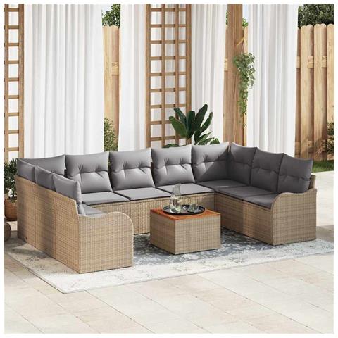 Set di divano da giardino 10 pezzi con cuscini Beige Polyrattan Acacia, Divano da giardino 2 posti con cuscini Beige Polyrattan - Foto 2