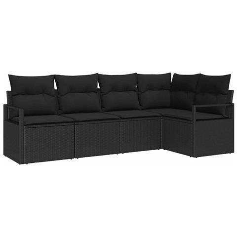 Set divani giardino  5 pezzi con cuscini neri in polyrattan, Divano giardino  2 posti con stoccaggio e cuscini neri in polyrattan - Foto 1