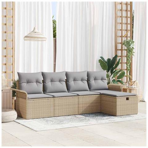 Set Divano da Giardino  da 5 Pezzi con Cuscini Beige Polyrattan, Divano da Giardino a 2 Posti  con Storage e Cuscini Beige Polyrattan - Foto 2