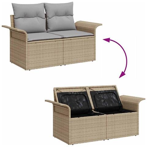 Set Divano da Giardino  da 5 Pezzi con Cuscini Beige Polyrattan, Divano da Giardino a 2 Posti  con Storage e Cuscini Beige Polyrattan - Foto 9