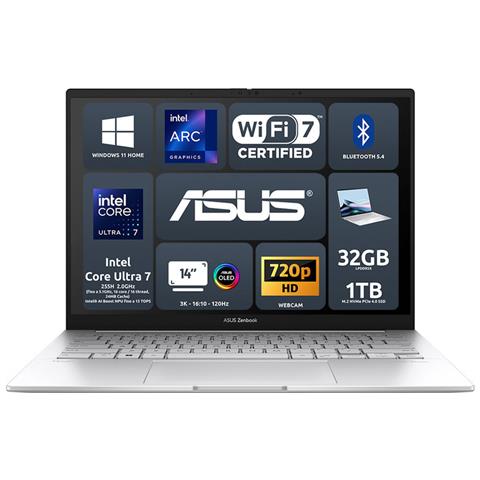 Zenbook 14 Oled Ux3405ca-pz287w Intel Core Ultra 7 255h 32gb Intel Arc Graphics Ssd 1tb 14'' 3k 120hz Touchscreen Win11 Tastiera Retroilluminata - Foto 1
