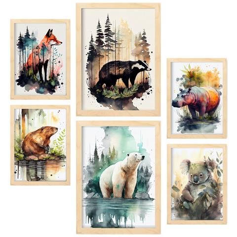 Set Di 6 Stampe Illustrazioni Di Creature Indipendenti Di Animali In Paesaggi Naturali, Stile Acquerello Realistico A3 & A4 Telaio In Legno Chiaro - Foto 1