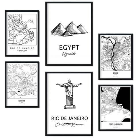 Set Di 6 Stampe Stampe Del Sudafrica Da Mappe E Monumenti In Bianco E Nero Per L'arredamento Della Tua Casa, Azienda E Ufficio A3 & A4 Cornice Nera - Foto 1