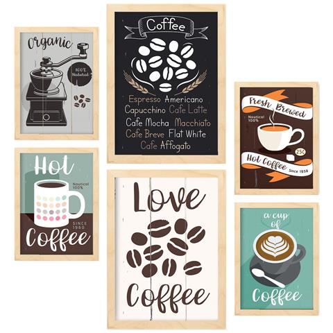 Set Di 6 Stampe Caffè Illustrazioni A Colori Di Caffè E Bevande In Cartelloni Pubblicitari Per La Casa A3 & A4 Telaio In Legno Chiaro - Foto 1