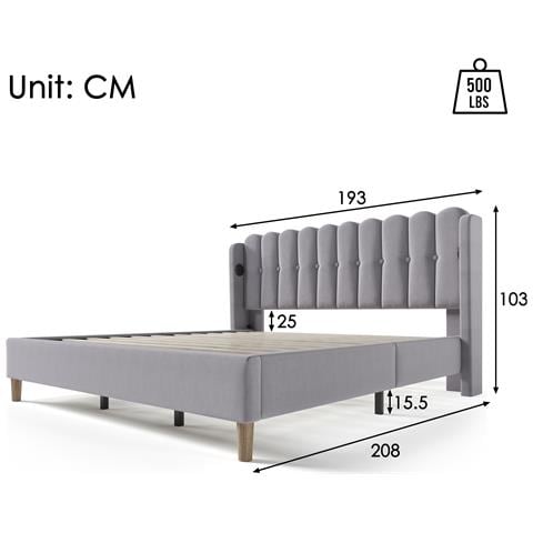 Letto Matrimoniale In Lino Grigio Con Design A Pannello E Linee Essenziali - Foto 2