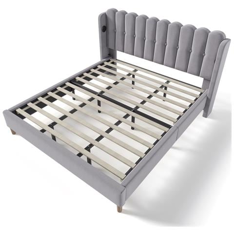 Letto Matrimoniale In Lino Grigio Con Design A Pannello E Linee Essenziali - Foto 3