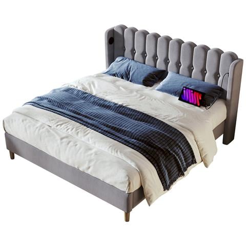 Letto Matrimoniale In Lino Grigio Con Design A Pannello E Linee Essenziali - Foto 1