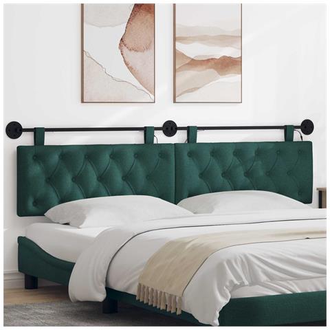Testiera sospesa Con luce LED Verde Scuro Tessuto - Foto 2