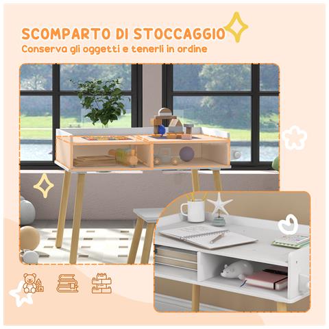 Set Tavolino Per Bambini Con Sgabello, Banchetto Con Piano Reversibile E Rotolo Di Carta, Bianco - Foto 2