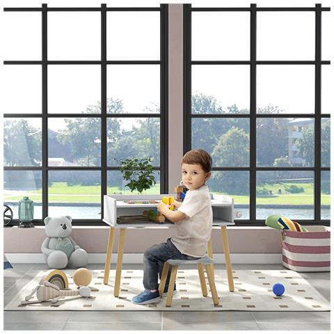 Set Tavolino Per Bambini Con Sgabello, Banchetto Con Piano Reversibile E Rotolo Di Carta, Bianco - Foto 6