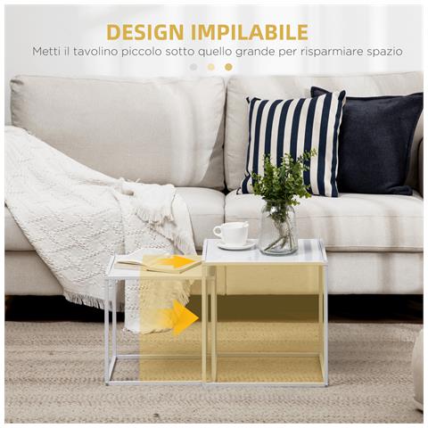 Set 2 Tavolini Da Caffè Impilabili Quadrati In Acciaio, Bianco - Foto 2