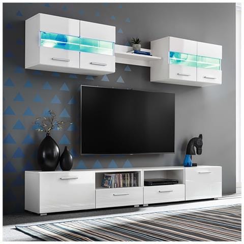 Lusso Casadino -  Set Parete Attrezzata Porta Tv Con Luci Led 5 Pz Bianco Lucido - Foto 8