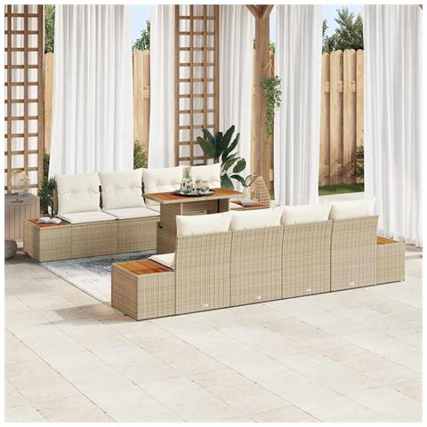 Set da pranzo da giardino di 9 pezzi con cuscini Beige in rattan e acacia - Foto 2