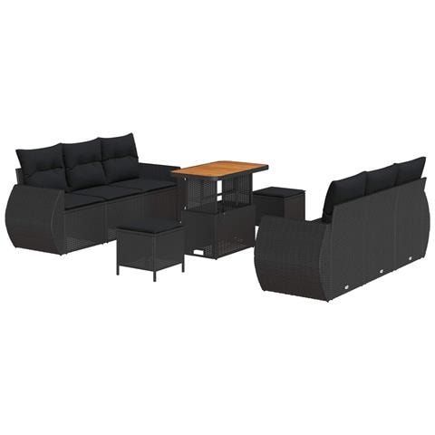 Set di Divani da Giardino da 9 Pezzi con Cuscini in Rattan Polietilenico Nero Acacia, Set di Pranzo da Giardino da 3 Pezzi con Cuscini in Rattan Polietilenico Nero Acacia - Foto 1