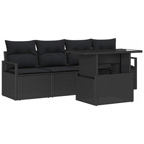 Set Divani Giardino 5 Pezzi con Cuscini Nero Polyrattan, Divano Giardino 2 Posti con Cuscini Nero Polyrattan - Foto 1