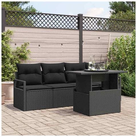 Set Divani Giardino 5 Pezzi con Cuscini Nero Polyrattan, Divano Giardino 2 Posti con Cuscini Nero Polyrattan - Foto 2