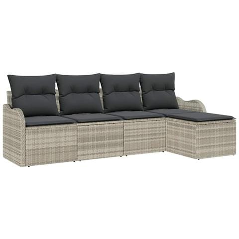 Set Divano da Giardino  da 5 Pezzi con Cuscini Grigio Chiaro in Rattan Polivalente, Divano da Giardino  a 2 Posti con Cuscini Grigio Chiaro in Rattan Polivalente - Foto 1