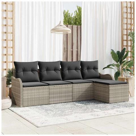 Set Divano da Giardino  da 5 Pezzi con Cuscini Grigio Chiaro in Rattan Polivalente, Divano da Giardino  a 2 Posti con Cuscini Grigio Chiaro in Rattan Polivalente - Foto 2