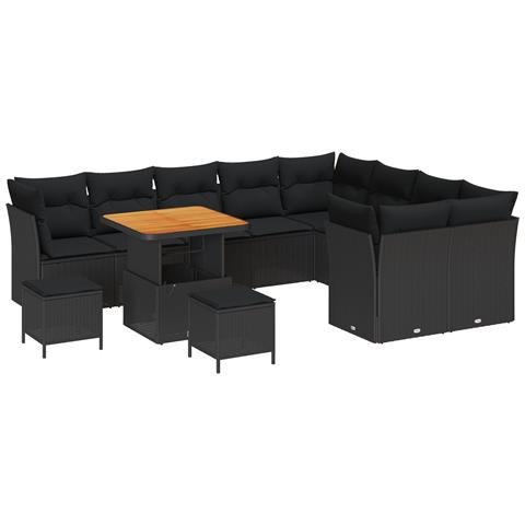 Set divano da giardino da 12 pezzi con cuscini in polirattan nero e acacia,  Set pranzo giardino da 3 pezzi con cuscini in polirattan nero e acacia - Foto 1