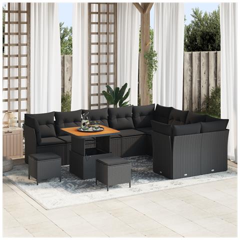 Set divano da giardino da 12 pezzi con cuscini in polirattan nero e acacia,  Set pranzo giardino da 3 pezzi con cuscini in polirattan nero e acacia - Foto 2
