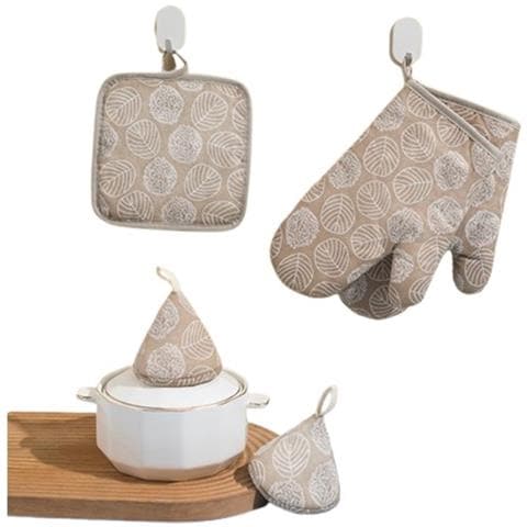 Set Da Cucina Anti-scottatura 5 Pezzi: Guanti, Presine E Copri-manico In Cotone Brown - Foto 1