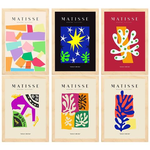 Set Di 6 Stampe Künstlerischen Illustrationen Von Henri Matisse Einladend Sammlung Von Dekorations Gemälden Im Kunstgalerie Rahmen Aus Hellem Holz A3 Telaio In Legno Chiaro - Foto 1