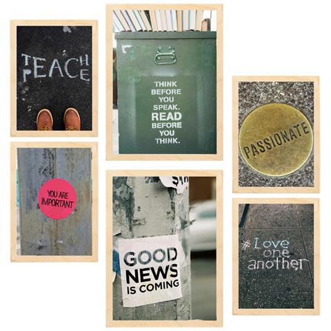 Set Di 6 Stampe Pittura Decorativa, Frasi Di Strada Ispiratrici, Arte Urbana Incorniciata Con Illustrazioni Per Le Pareti A3 & A4 Telaio In Legno Chiaro - Foto 1