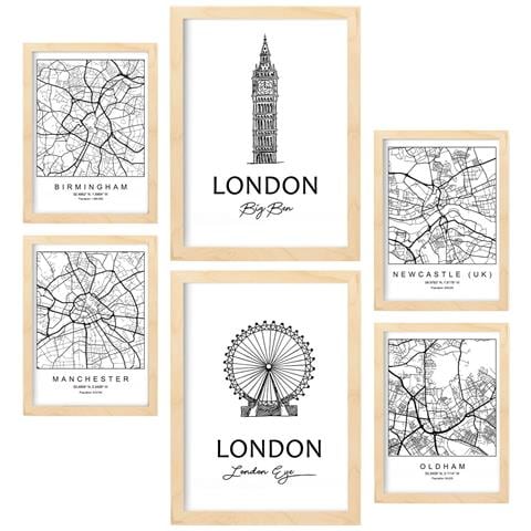 Set Di 6 Stampe Stampe Di Mappe E Monumenti Del Regno Unito 2 In Bianco E Nero Per L'arredamento Della Tua Casa, Azienda E Ufficio A3 & A4 Telaio In Legno Chiaro - Foto 1