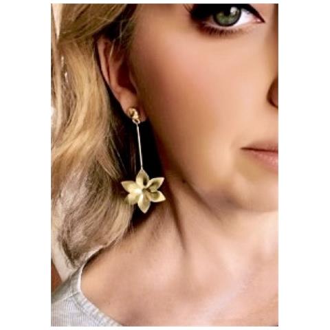 Orecchino Lungo Fiore E Tubo In Ottone Dorato - Foto 3
